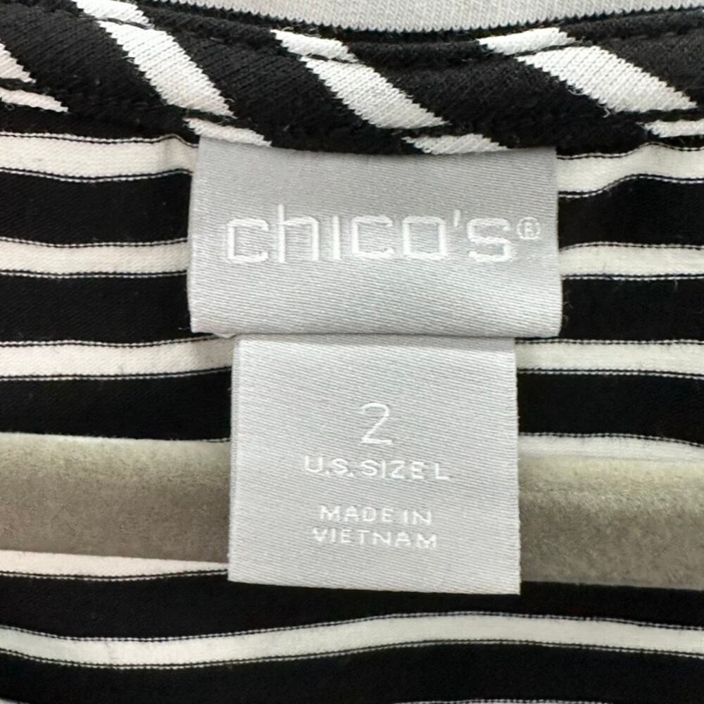 Chico's Size 2 Top Black White Striped Embroidered Floral Design Joie De Vivre - Picture 6 of 10